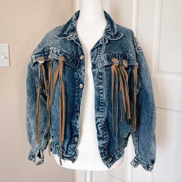 Vintage 1980s Southwest Western Acid Wash Distressed Denim Fringed Jacket XS-M